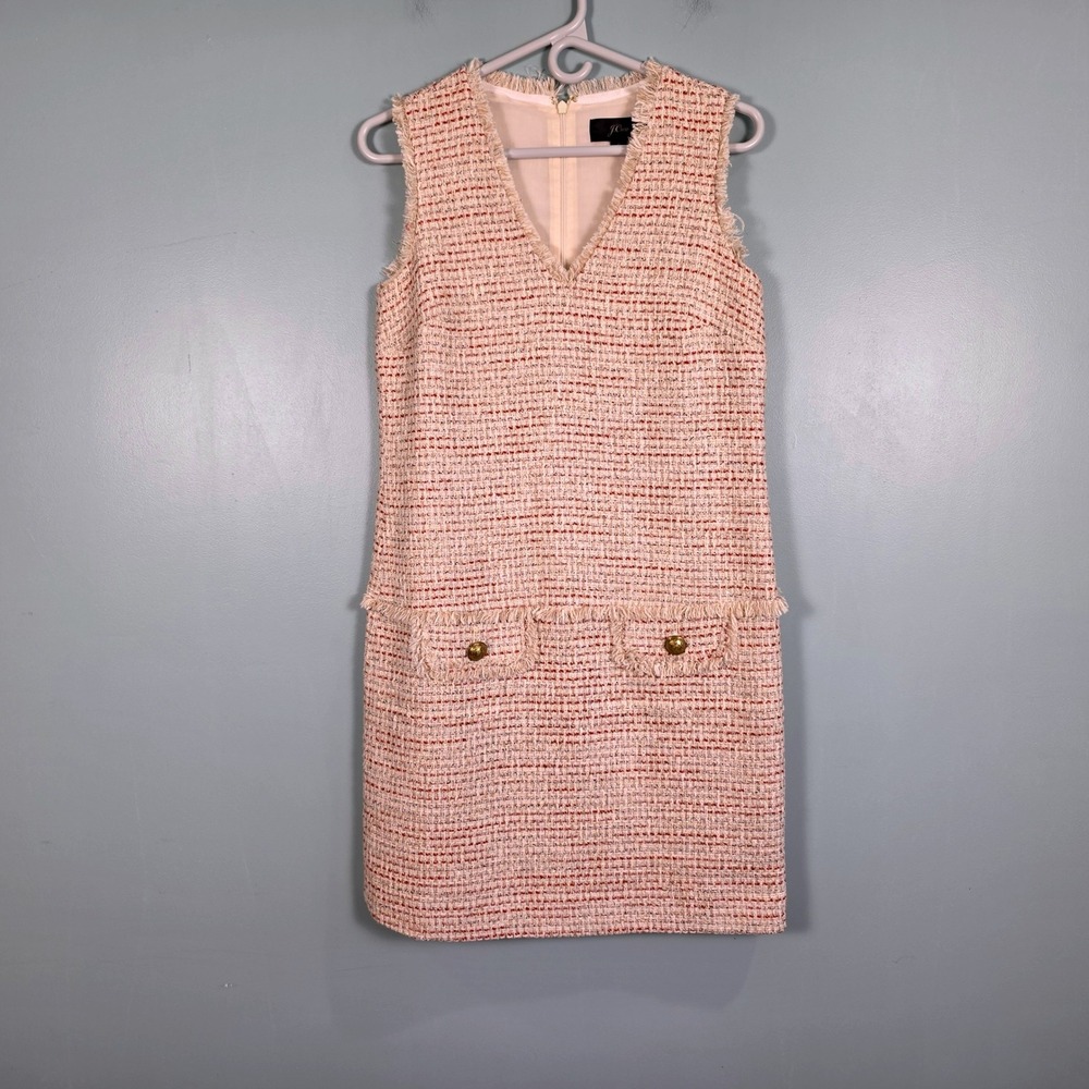 J.Crew Cream Red Metallic Tweed Fringe V-Neck Shift‎ Dress Gold Buttons Womens 0